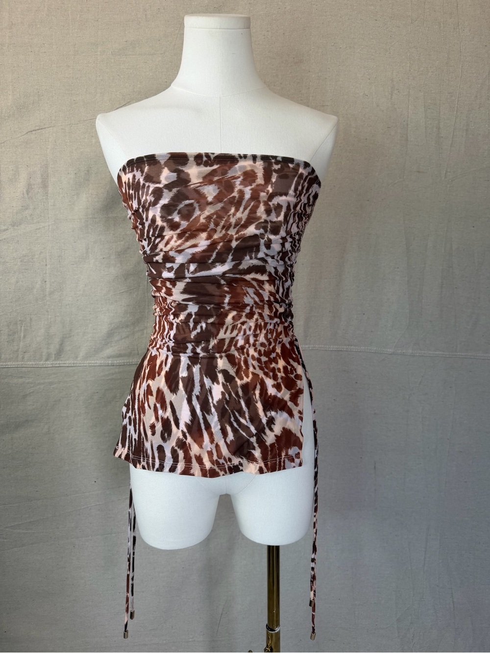 Free People Brown Animal Print Strapless Ruched Top